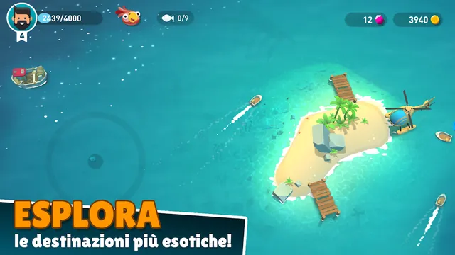 Vista dall'alto di un'isola tropicale con pontile e elicottero, barra esperienza e monete nell'angolo