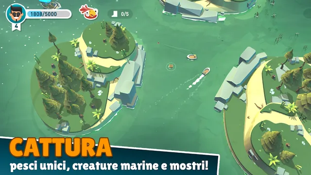 Acque verdi di Creatures of the Deep con isole abitate, capannoni e piccole imbarcazioni in movimento