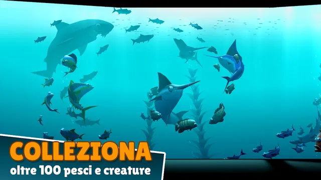 Fondale profondo di Creatures of the Deep con squali, mante e un pesce vela fra le alghe