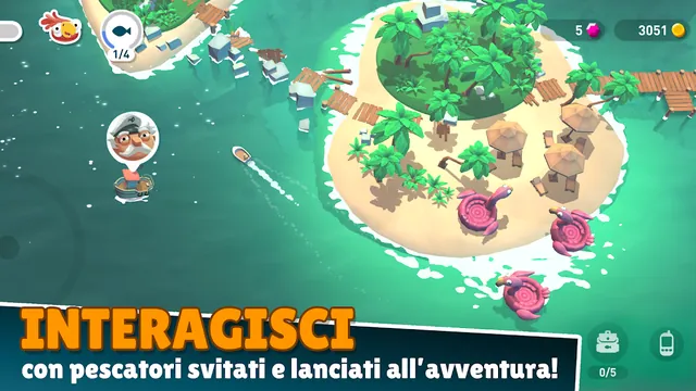 Isola resort in Creatures of the Deep con ombrelloni rosa, un ritratto di personaggio in una bolla e il contatore 3051 monete