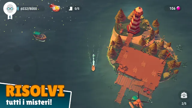 Rovine rosse a forma di pagoda su uno scoglio in acque scure di Creatures of the Deep, con il simbolo dell'infinito nell'energia