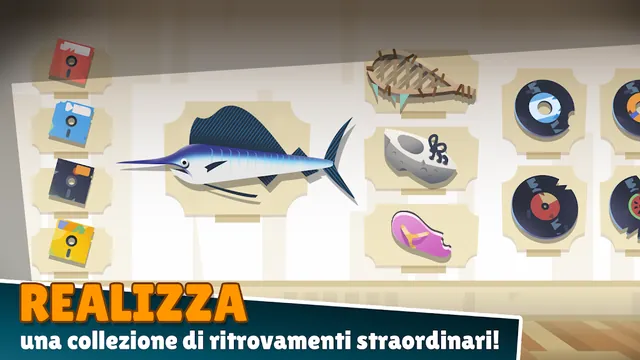 Bacheca di Creatures of the Deep con pesce vela impagliato, dischi in vinile, floppy disk e uno scarpone