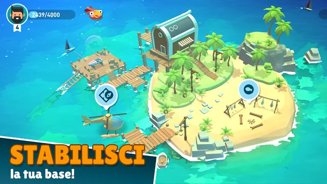Base costruita su un'isola di Creatures of the Deep, con pontile in legno, elicottero e due segnaposto azzurri