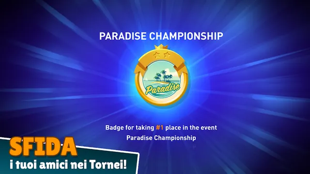 Distintivo dorato del Paradise Championship su fondo blu, con la scritta sul primo posto nell'evento