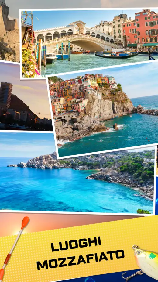 Collage di fotografie in Fishing Tour con il ponte di Rialto, un borgo a picco sul mare e una caletta turchese