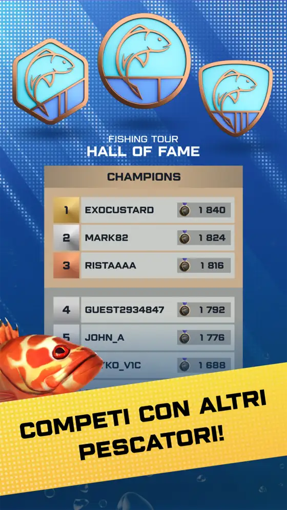 Hall of Fame di Fishing Tour con i primi sei campioni e tre distintivi a forma di scudo