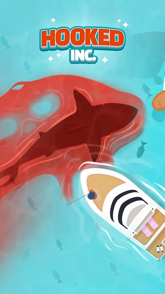 Copertina di Hooked Inc: una barca vista dall'alto e la sagoma rossa di uno squalo gigante sotto il pelo dell'acqua