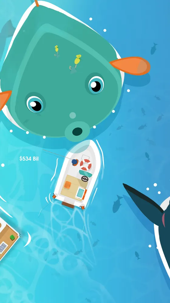 Cetaceo verde con gli occhi accanto alla barca in Hooked Inc e il valore di 534 miliardi scritto sulla lenza