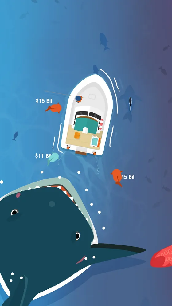 Balena azzurra con la bocca aperta sotto la barca di Hooked Inc, con i valori 15 e 11 miliardi accanto alla lenza