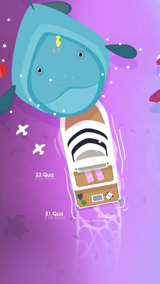 Lamantino azzurro sotto la barca di Hooked Inc su fondo viola chiaro, con i valori in quadrilioni accanto alla lenza