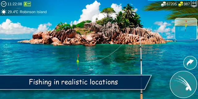 Acqua turchese a Robinson Island in My Fishing World, con temperatura 29,4 gradi scritta in alto a sinistra
