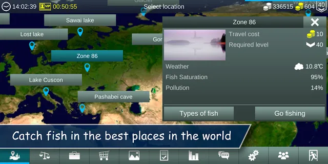 Mappa del mondo di My Fishing World con la finestra della Zone 86 aperta su costo del viaggio, meteo e inquinamento al 14 per cento