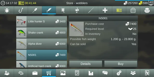 Listino dei wobbler in My Fishing World con prezzi da 3400 a 9000 e la scheda tecnica del modello selezionato