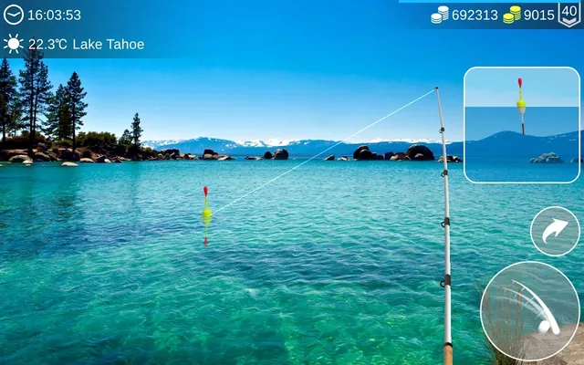 Lake Tahoe in My Fishing World, acqua turchese con il galleggiante giallo e la canna appoggiata sulla destra