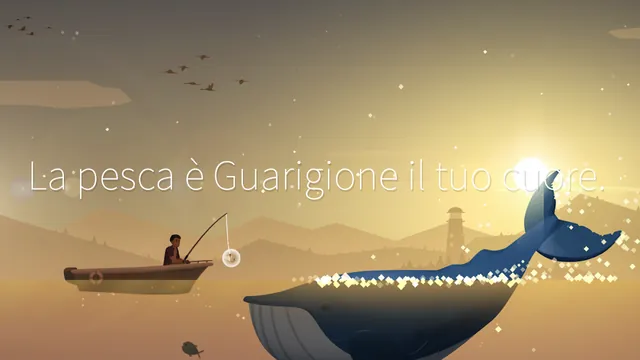 Una balena azzurra affiora accanto a una barchetta al tramonto, con puntini luminosi lungo il dorso