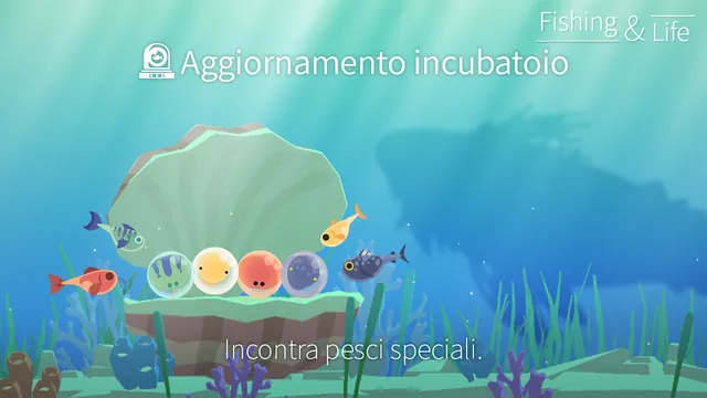 Fondale azzurro con una conchiglia gigante aperta e sei uova colorate allineate, schermata dell'incubatoio