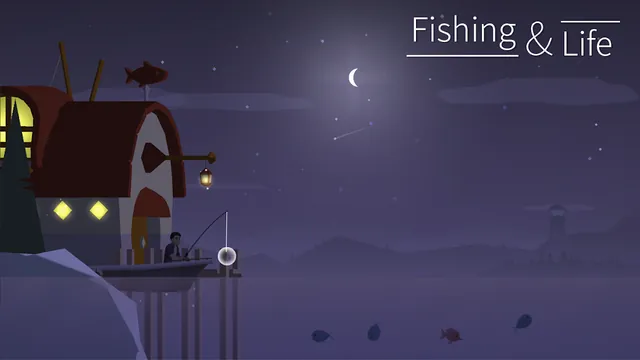 Notte viola in Pesca e vita: la casetta sul pontile ha due finestre gialle accese e in cielo c'è una falce di luna